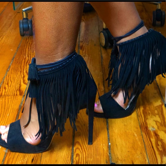 Zara Black Suede Fringed Heels - Picture 3 of 5